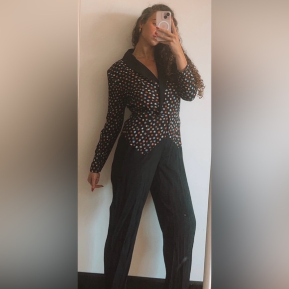 Vintage 80s Tareti by Howard Lei Colorful Polka Dot Zig Zag Blazer Jumpsuit - Picture 7 of 16